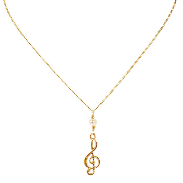 Gold Treble Clef Music Charm Necklace with Pearl